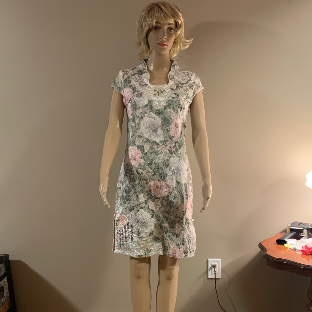 vintage Asian style Floral Print Dress, X-Large